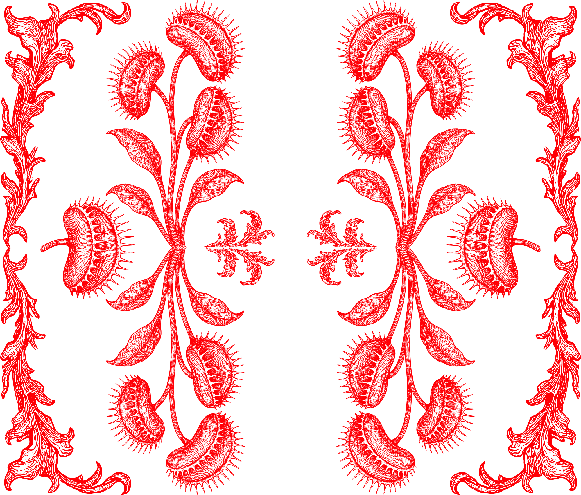 An ornate pattern with Venus Fly-trap motifs in bright orange
